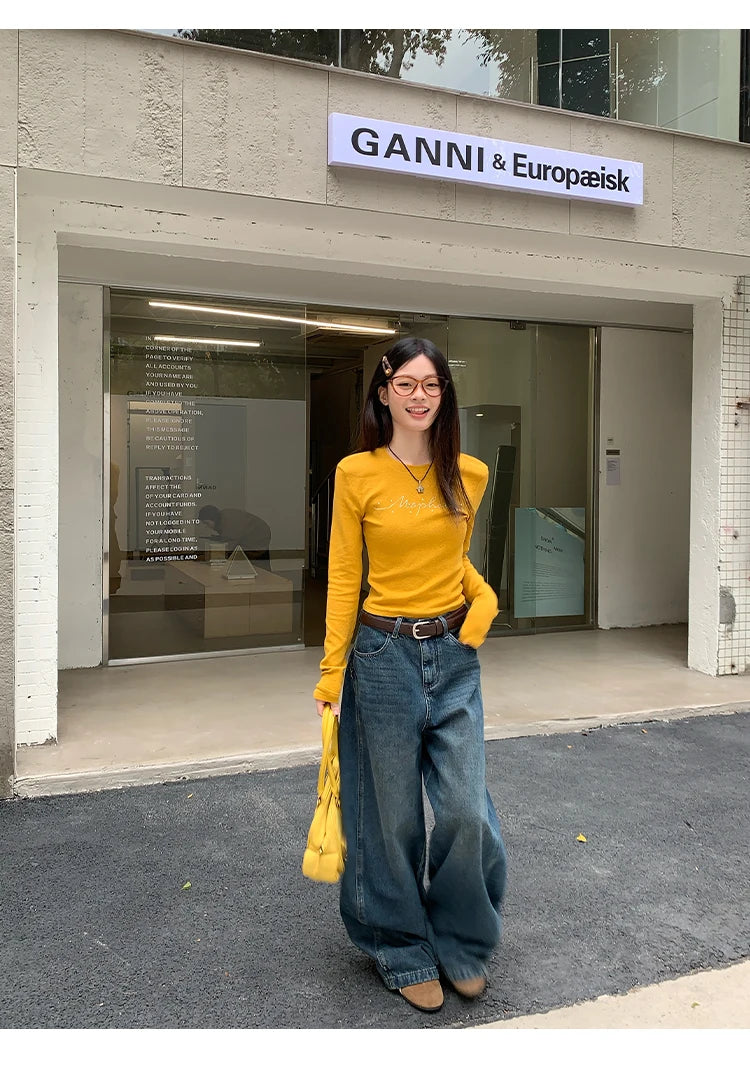 Jeans in denim blu a gamba dritta e vestibilità ampia da donna, pantaloni casual a gamba larga, comodi e rilassanti, stile coreano, per la primavera