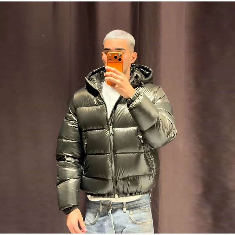 2025 Autunno Inverno Stile neutro Cappotto imbottito in cotone Casual Cerniera con cappuccio Giacca solida Moda Parka caldo a prova di freddo Capispalla