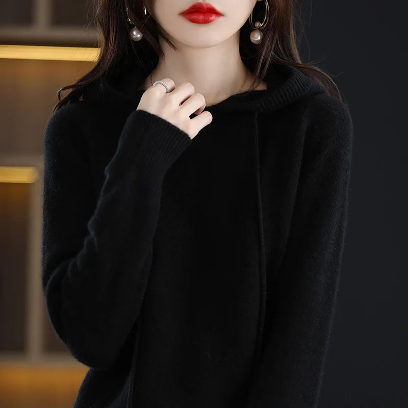 Maglione con cappuccio Moda Donna Autunno Inverno Manica lunga Tinta unita Felpe con cappuccio lavorate a maglia Lady Felpa con cappuccio pullover casual con coulisse allentata