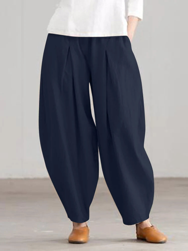 ZANZEA Estate Elastico In Vita Solido Pantaloni Donna Casual Pantaloni Larghi Elegante Allentato Gamba Larga Pantalon Vintage Cotone Rapa 2024