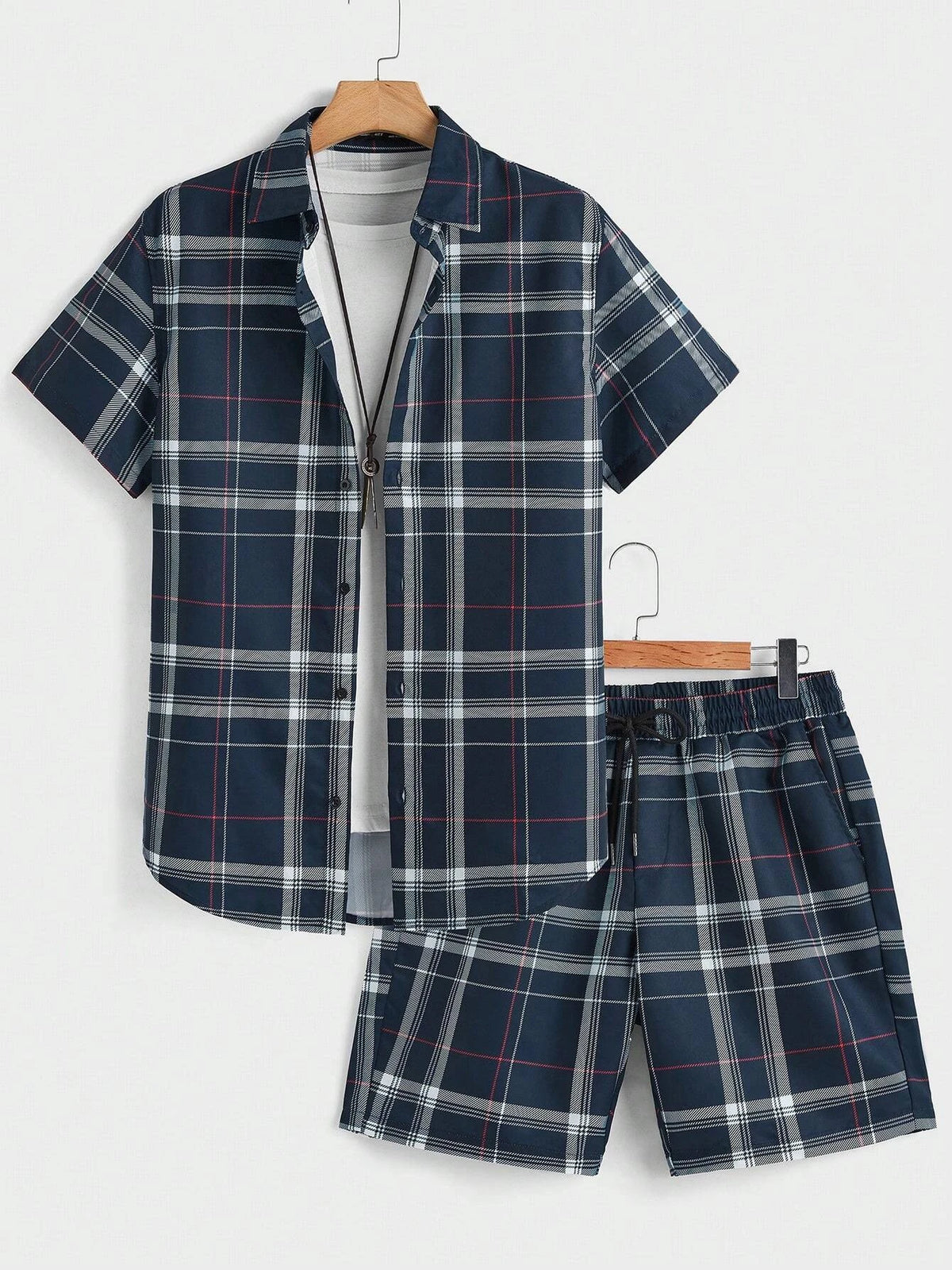 Abito da uomo casual da strada Camicia e pantaloncini con risvolto a maniche corte con motivo stampato scozzese alla moda personalizzato Set da due pezzi da uomo