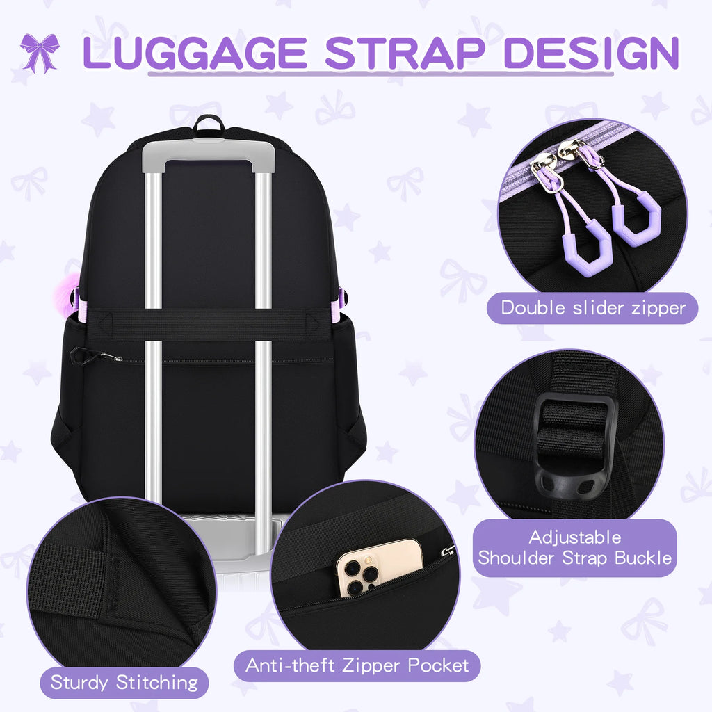 Zaino scolastico elementare multitasche per ragazze, zaino ergonomico impermeabile con fiocco, set di zaini per viaggi all'aperto e uso quotidiano