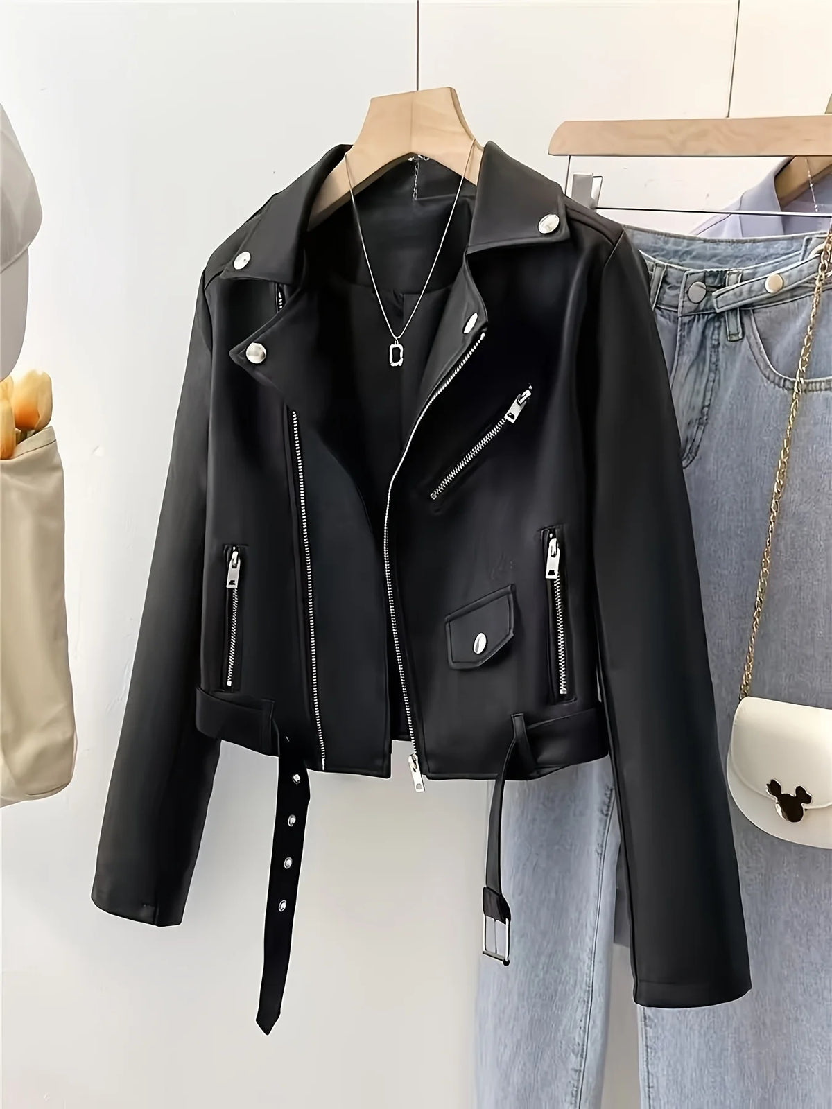 Giacca slim in pelle da motociclista corta americana retrò da donna primaverile e autunnale