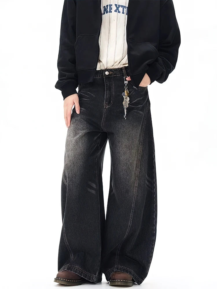 Jeans Baggy Vintage Neri Lavati da Uomo, Pantaloni a Gamba Larga con Taglio Curvo, Streetwear, Stile Cowboy, Casual, in Denim, a Gamba Dritta