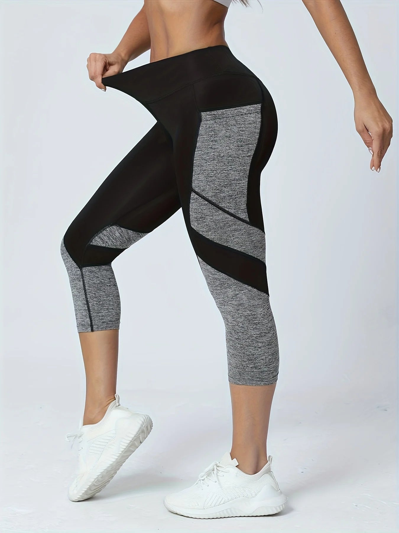 Pantaloni da yoga a vita alta con tasca patchwork da donna Pantaloni sportivi Capri Leggings Tummy Tuck