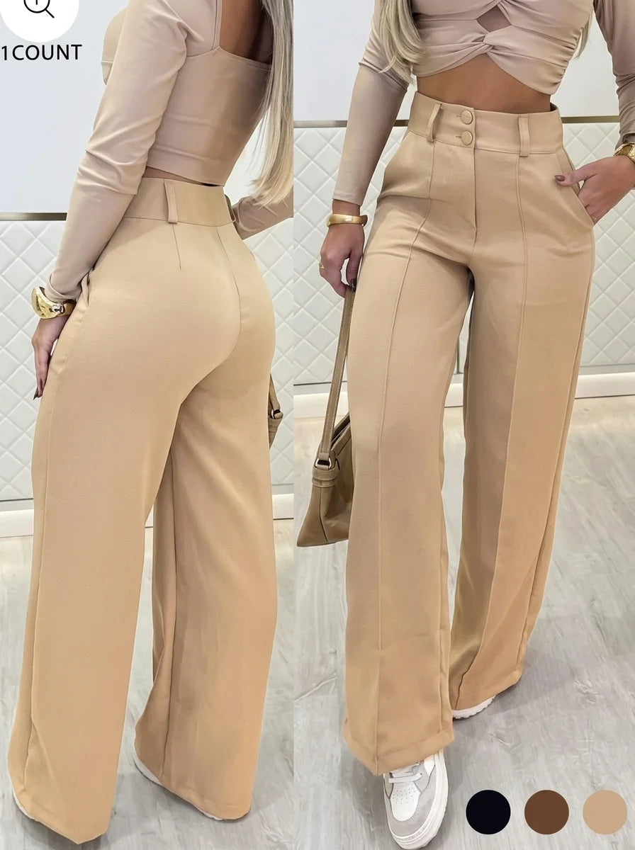 Nuovi Pantaloni da Donna a Vita Alta e Gamba Larga 2026, Pantaloni a Gamba Dritta con Doppio Bottone e Drappeggio Modellante, Pantaloni da Lavoro Casual a Tinta Unita