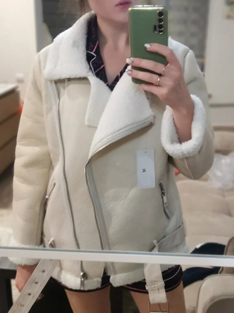 Ailegogo Cappotti invernali Donna Spessore Pelliccia sintetica Pelle di pecora Pelliccia femminile Giacca in pelle Aviator Outwear Casaco Feminino