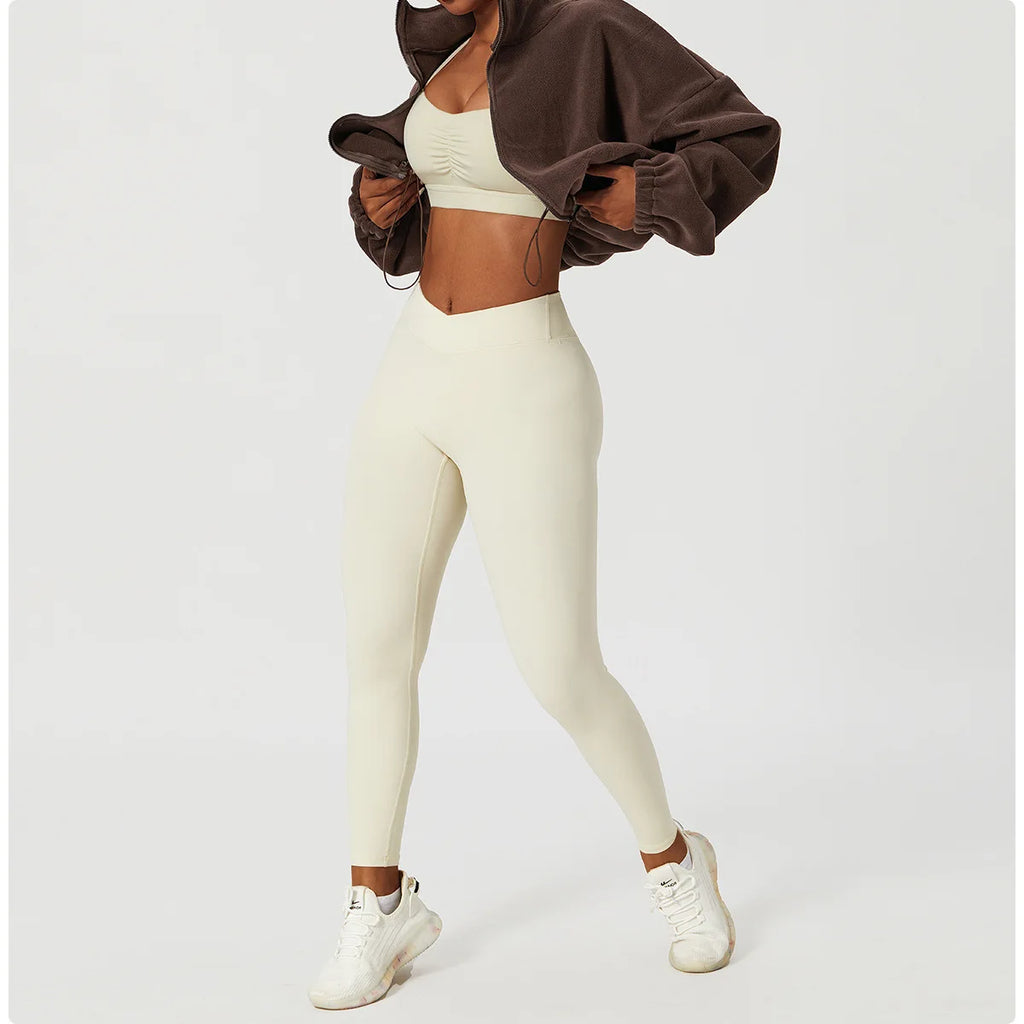 Felpa con cappuccio da donna in pile polare con zip, vestibilità ampia, top corto atletico con colletto rialzato, fori per i pollici e orlo con coulisse per l'autunno inverno