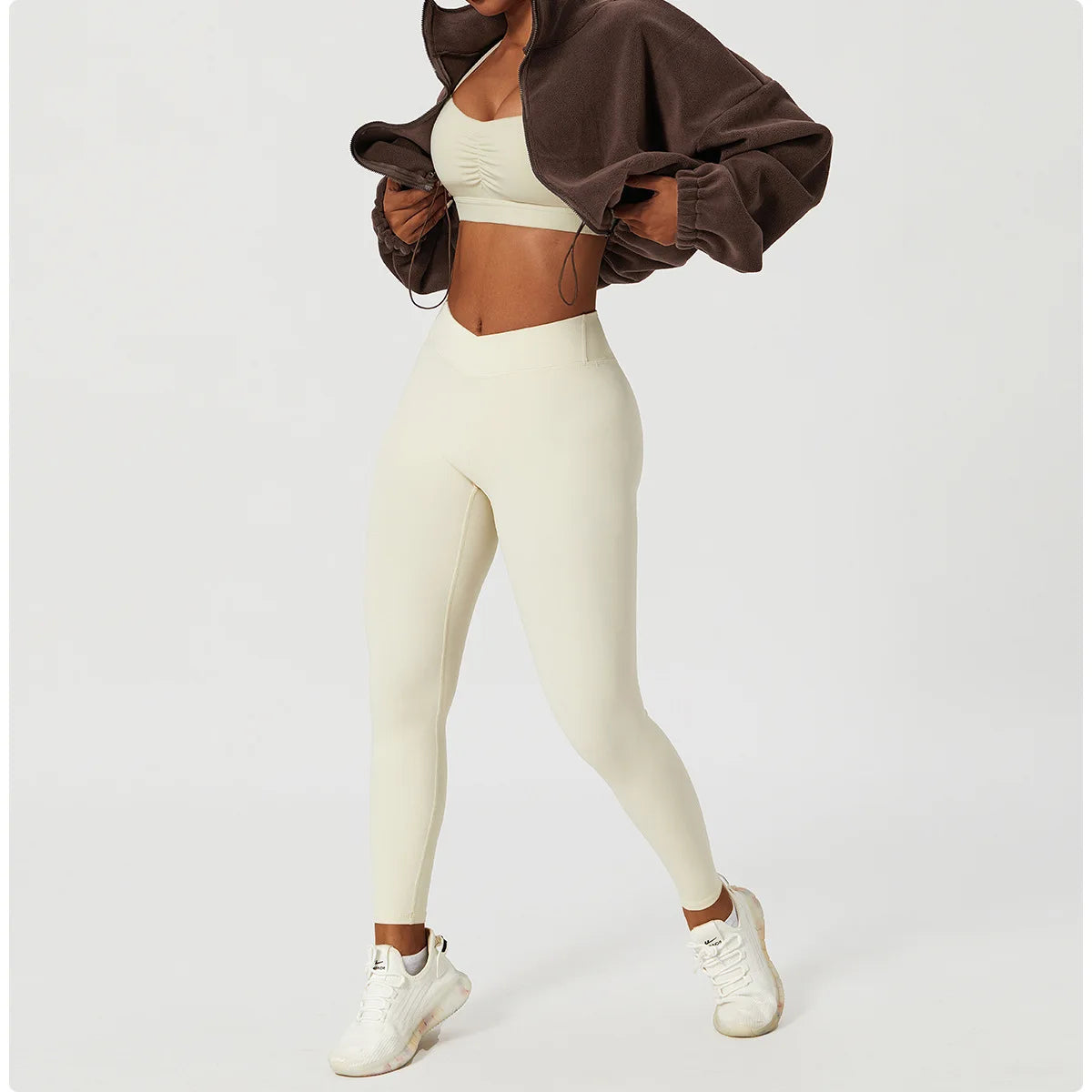 Felpa con cappuccio da donna in pile polare con zip, vestibilità ampia, top corto atletico con colletto rialzato, fori per i pollici e orlo con coulisse per l'autunno inverno