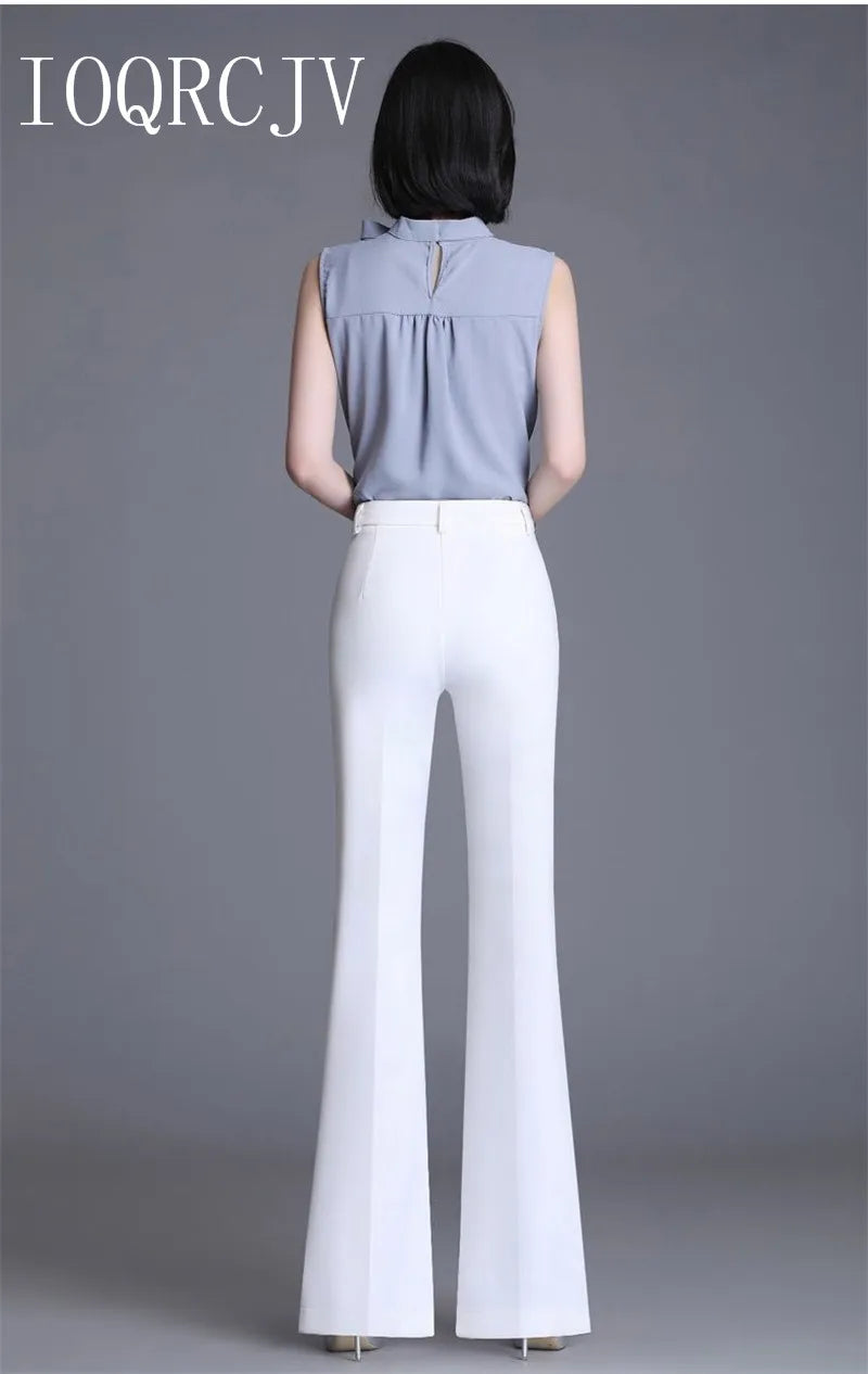 Pantaloni classici a zampa d'elefante bianchi sottili per le donne 2025 Pantaloni estivi a vita alta con fondo a campana sottile Pantaloni da donna da ufficio neri 5XL
