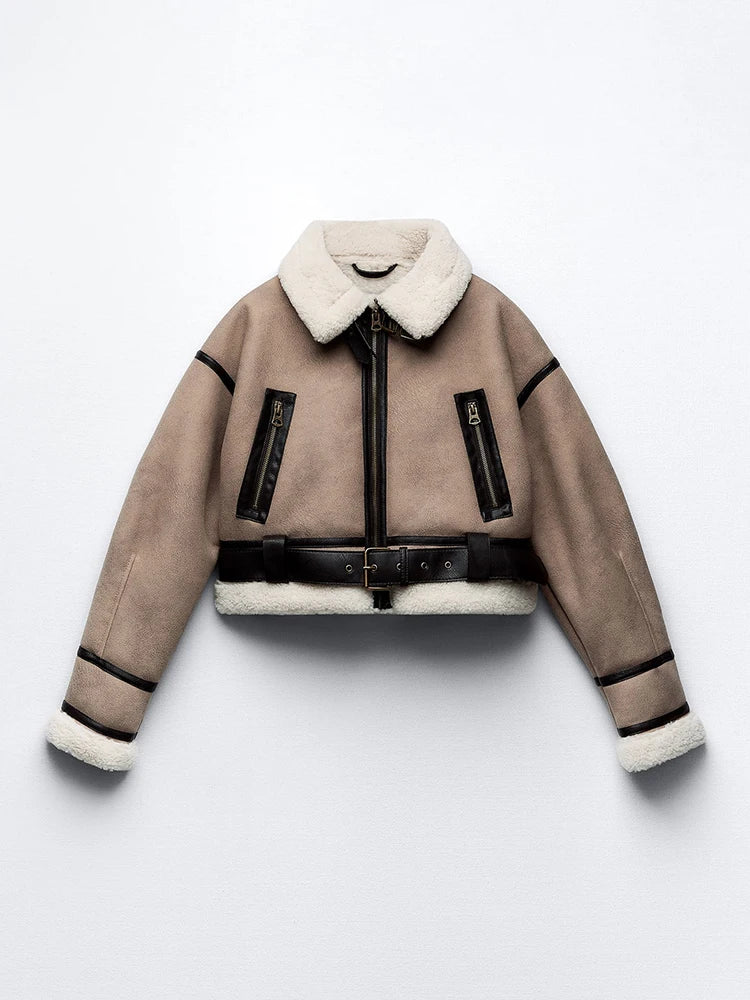 Ailegogo Streetwear donna retrò sciolto impiombato ecopelle morbida pelliccia giacca corta invernale femminile cintura con cerniera cappotto capispalla vintage