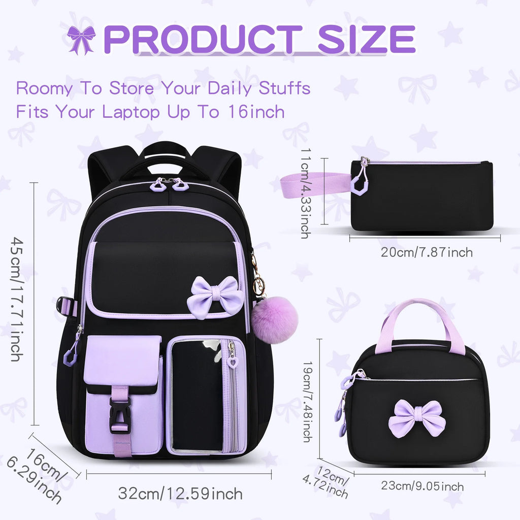 Zaino scolastico elementare multitasche per ragazze, zaino ergonomico impermeabile con fiocco, set di zaini per viaggi all'aperto e uso quotidiano