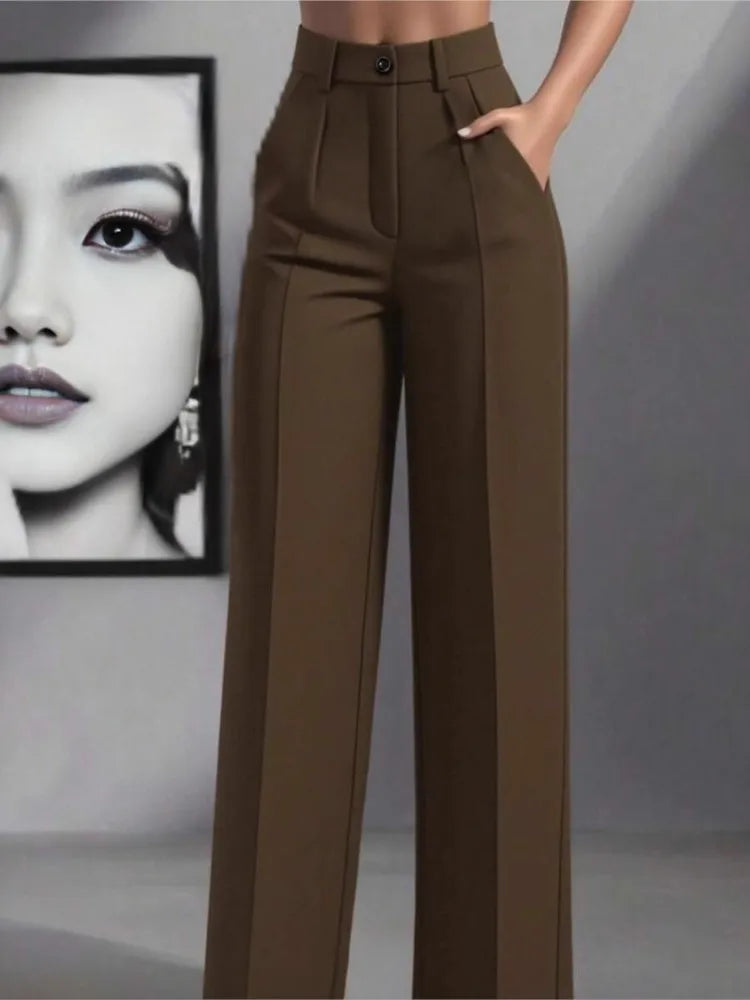 Pantaloni larghi pieghettati a vita alta da donna casual in tinta unita Pantaloni da lavoro Primavera Autunno Nuovi pantaloni dritti Pantaloni su misura da ufficio
