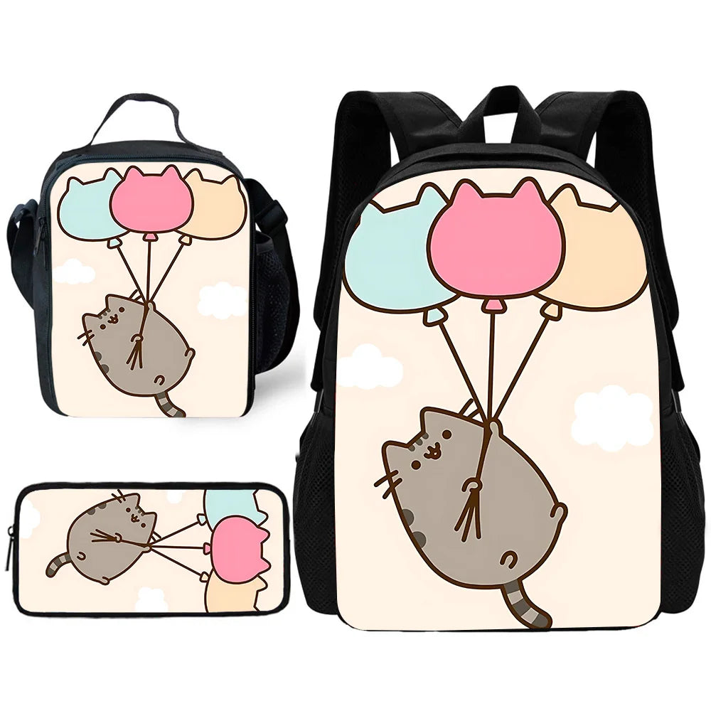 Zaino per bambini con gatti Kawaii Pusheens per la scuola con borse per il pranzo, borse per matite, borse per la scuola per ragazzi e ragazze, miglior regalo