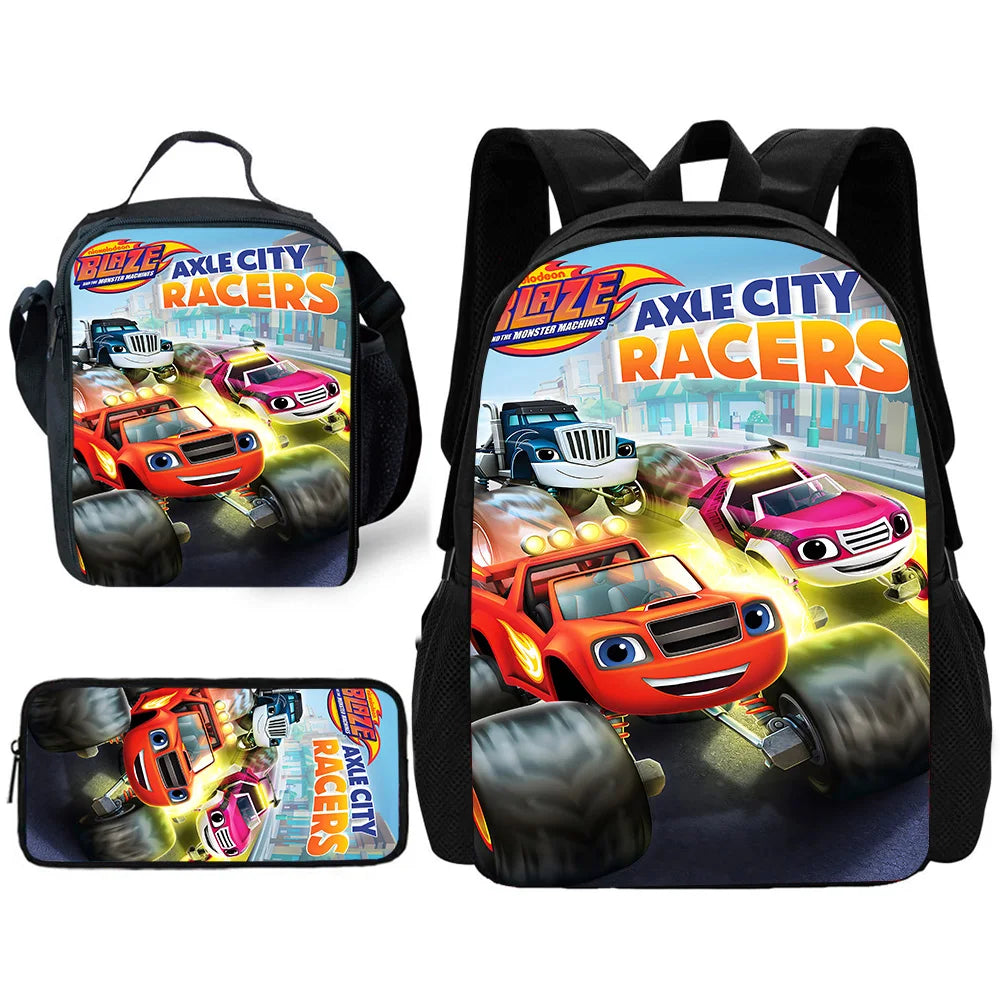 Zaino Scolastico 3D Cartoon Blaze Monster Machines con Borsa Pranzo, Astuccio, Zaino per Bambini e Bambine, Miglior Regalo