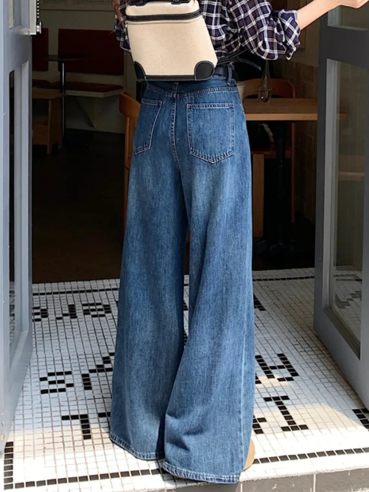 Jeans a Vita Alta Stile Americano, Gamba Larga, per Donna, Autunno Inverno, Vestibilità Comoda, Pantaloni Lunghi, Taglio Dritto, Casual, Denim Blu, Effetto Snellente