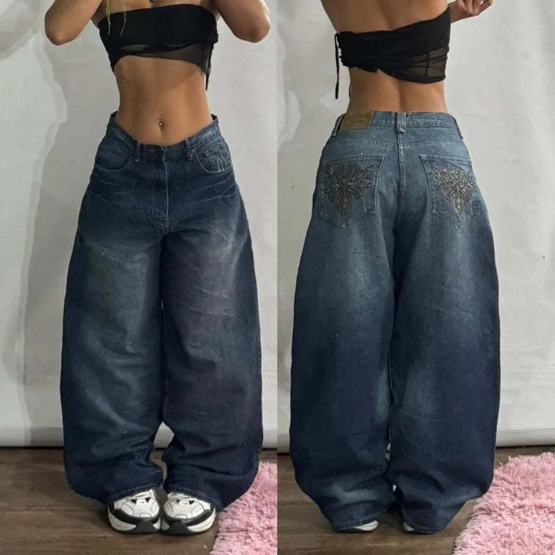 American New Fashion Modello geometrico Jeans larghi ricamati Donna Y2K Harajuku Vintage Hip-hop Pantaloni larghi casual popolari