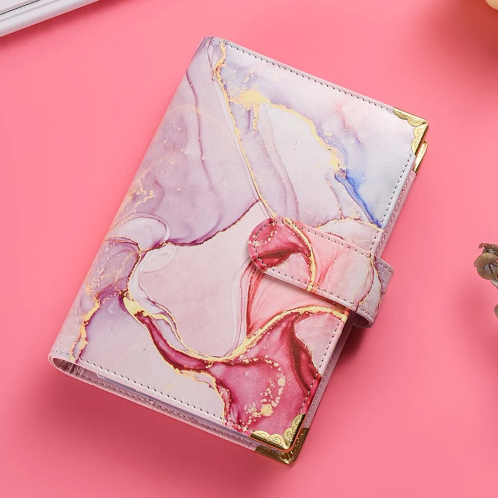 1spc budget card 12 sheets+zipper bag 8 sheets+2 sheets English stickers A6 leather retro marble pattern copper corner accountin