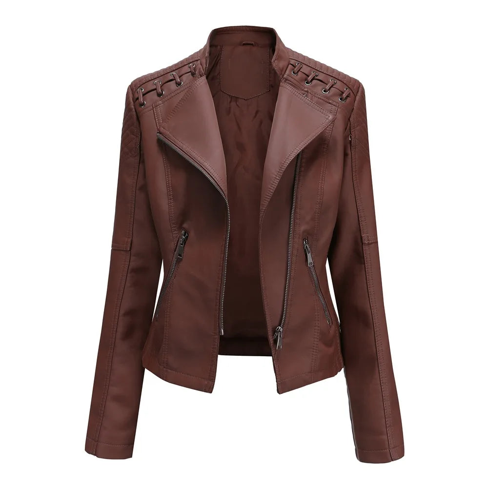 Giacca in Pelle da Donna Primavera/Autunno, Slim Fit, Stile Biker, Cappotto Corto in Ecopelle con Colletto Alto e Cerniera