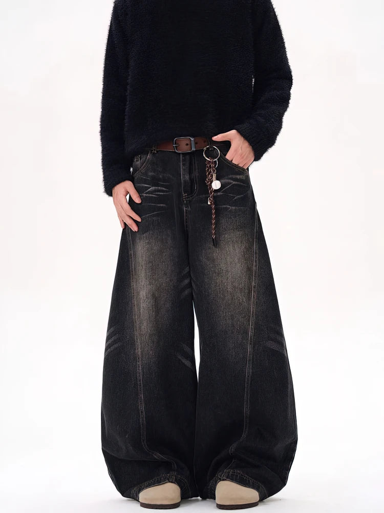Jeans Baggy Vintage Neri Lavati da Uomo, Pantaloni a Gamba Larga con Taglio Curvo, Streetwear, Stile Cowboy, Casual, in Denim, a Gamba Dritta