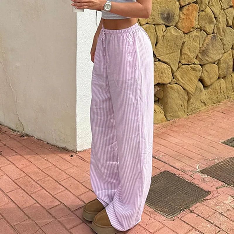 Pantaloni larghi con stampa a righe streetwear Pantaloni da jogging con lacci Moda Y2K Pantaloni larghi Estetici di base anni '90 Pantaloni carini