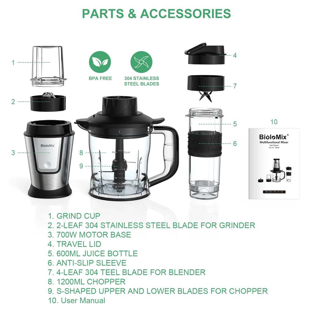 BioloMix 700W Compact Kitchen Blender 3-in-1 Juicer Food Processor and Dry Grinder Perfect for Making Fresh Juices Dips