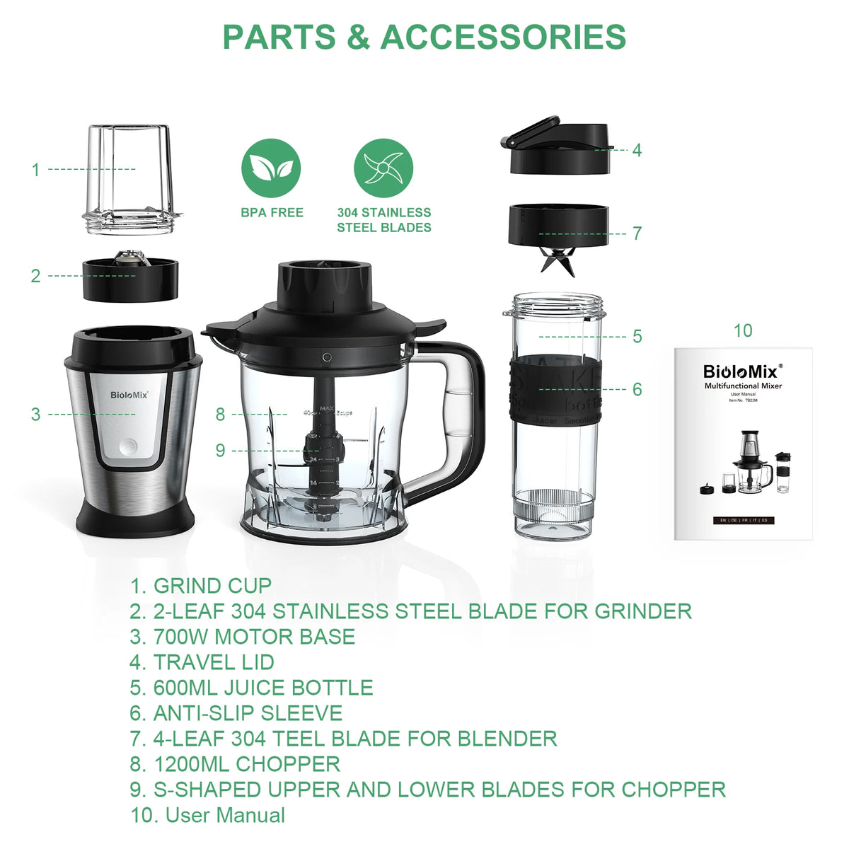 BioloMix 700W Compact Kitchen Blender 3-in-1 Juicer Food Processor and Dry Grinder Perfect for Making Fresh Juices Dips