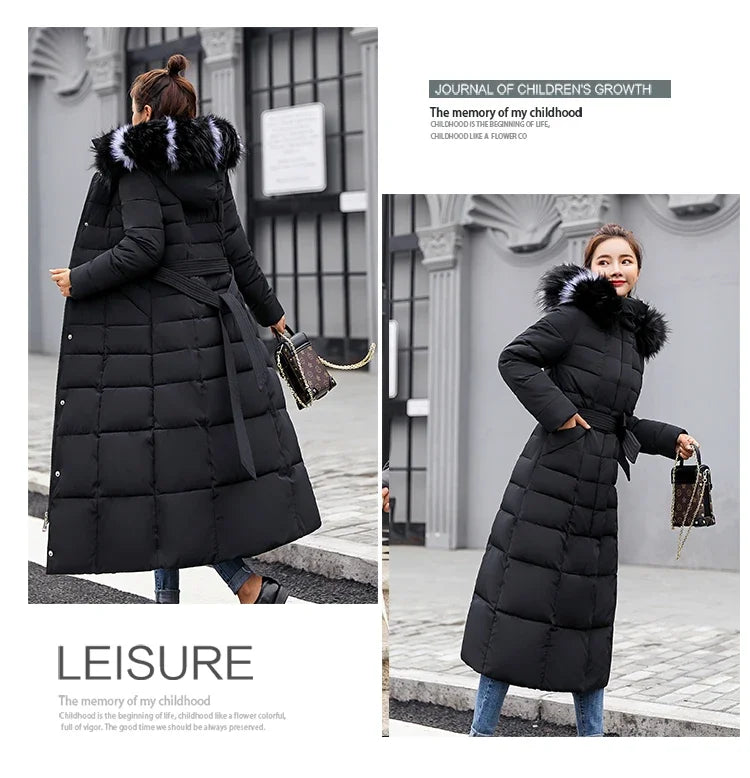 Cappotto Parka lungo in cotone piumino femminile nuovo inverno sopra il ginocchio ampio collo in pelliccia con cappuccio caldo parka spesso soprabito imbottito da donna