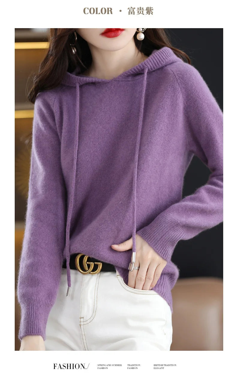 Maglione con cappuccio Moda Donna Autunno Inverno Manica lunga Tinta unita Felpe con cappuccio lavorate a maglia Lady Felpa con cappuccio pullover casual con coulisse allentata