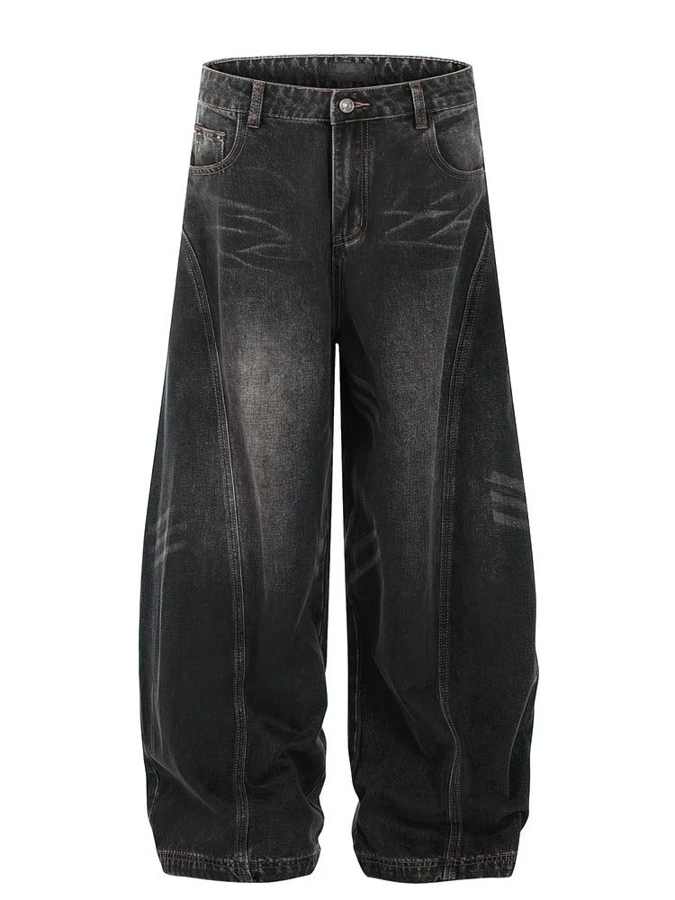 Jeans Baggy Vintage Neri Lavati da Uomo, Pantaloni a Gamba Larga con Taglio Curvo, Streetwear, Stile Cowboy, Casual, in Denim, a Gamba Dritta