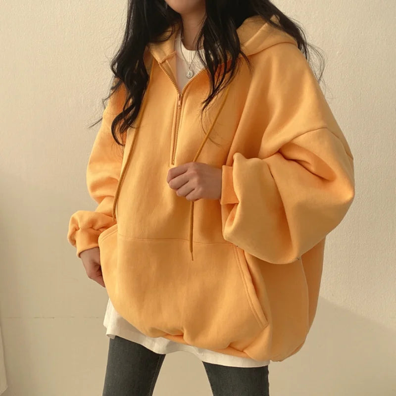 Felpa con cappuccio da donna Harajuku sciolto oversize tinta unita Top mezza Zip felpa donna Casual manica lunga tasca cappotti con cappuccio 2023