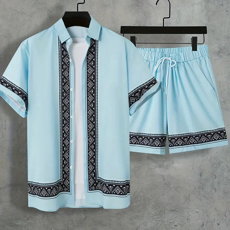 2024 vestito da vacanza estiva dei nuovi uomini camicia con bordo stampato strutturato retrò pantaloncini a maniche corte tuta da piscina traspirante da uomo in due pezzi