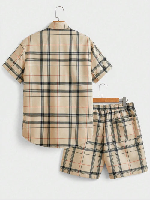 Abito da uomo casual da strada Camicia e pantaloncini con risvolto a maniche corte con motivo stampato scozzese alla moda personalizzato Set da due pezzi da uomo