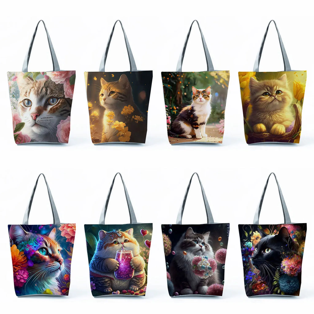 Pretty Cartoon Cat Print borse borse da spiaggia da donna ad alta capacità Cute Animal Graphic Eco borse per la spesa riutilizzabili portatili