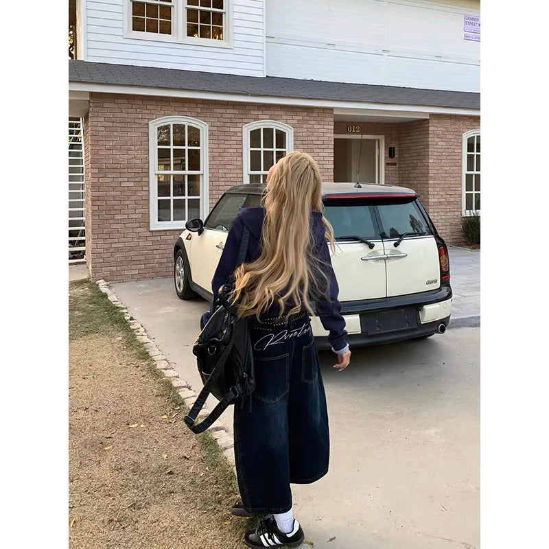 Blu delle Donne Retro Y2K 2000s Gamba Larga Baggy Casual Denim Pantaloni A Vita Alta Jeans Allentati 2024 Autunno Harajuku Pantaloni a Figura Intera