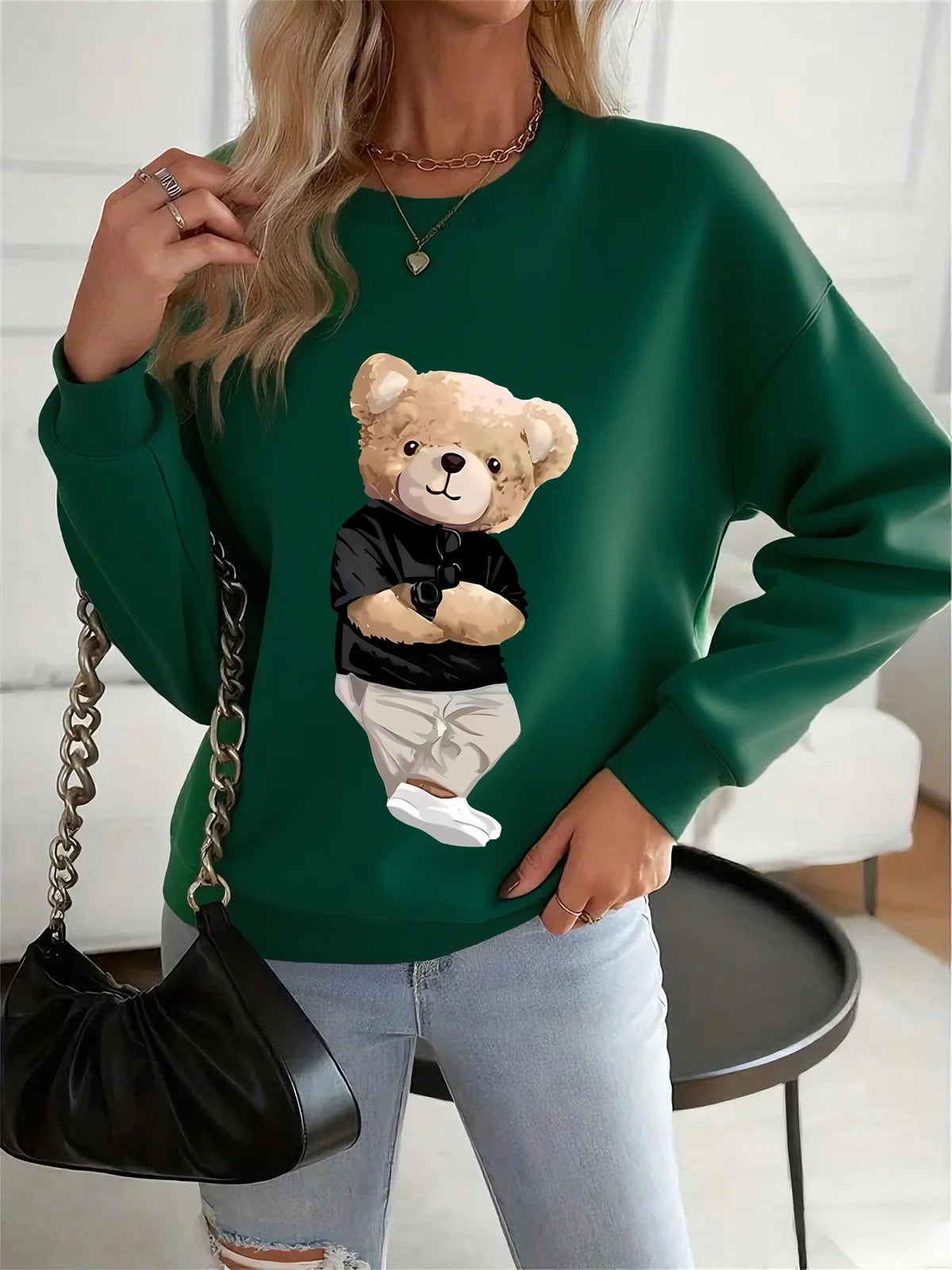 Pullover con cappuccio girocollo a maniche lunghe in velluto stampato con motivo a lettere comode e casual autunnali e invernali da donna