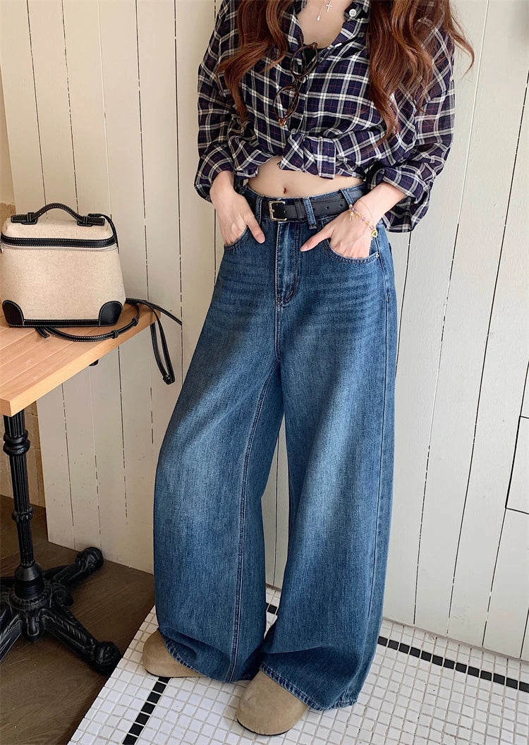 Jeans a Vita Alta Stile Americano, Gamba Larga, per Donna, Autunno Inverno, Vestibilità Comoda, Pantaloni Lunghi, Taglio Dritto, Casual, Denim Blu, Effetto Snellente