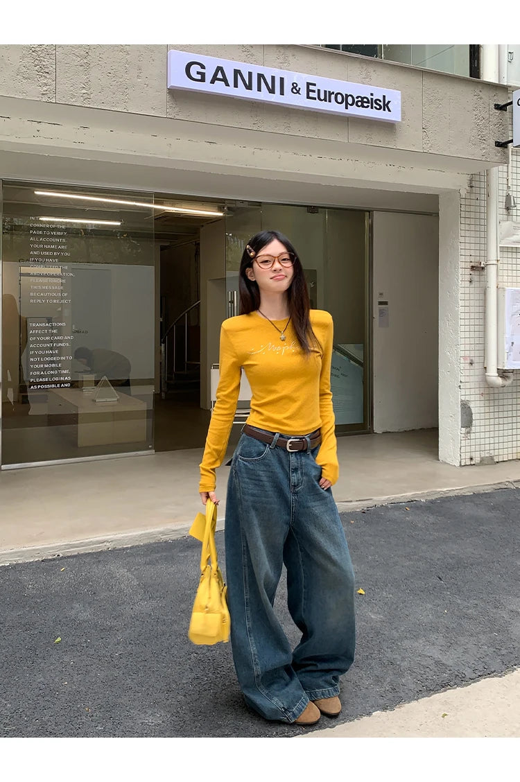 Jeans in denim blu a gamba dritta e vestibilità ampia da donna, pantaloni casual a gamba larga, comodi e rilassanti, stile coreano, per la primavera
