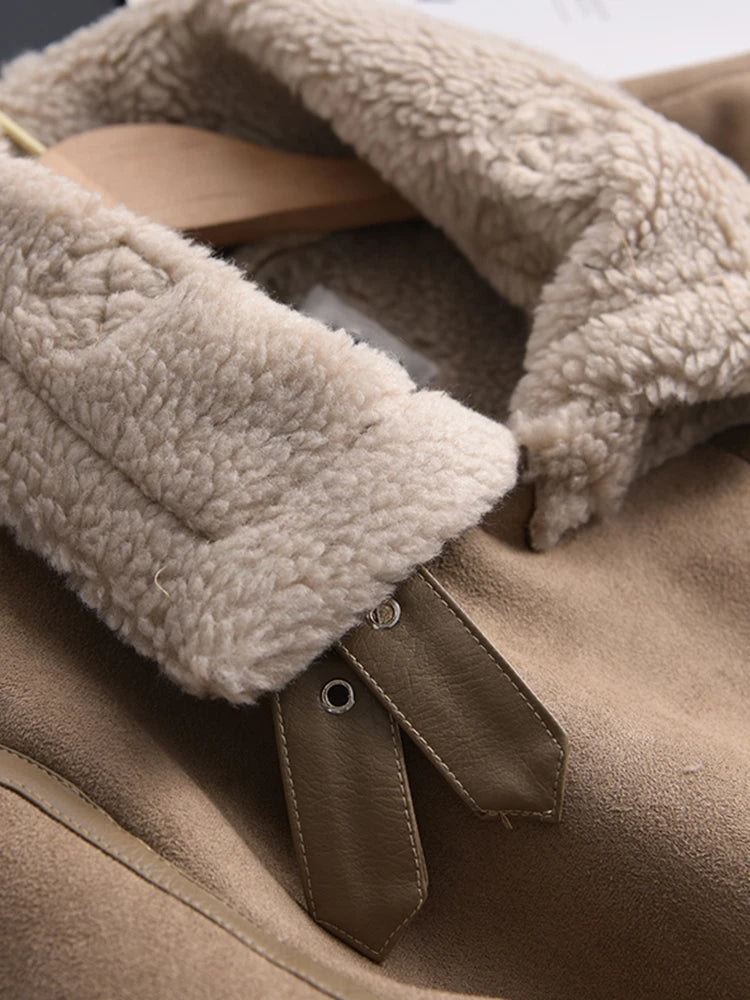 Ailegogo Giacca invernale da donna in pelle scamosciata calda e spessa, corta da motociclista, cappotti marroni, giacche in pelle di montone finto shearling, capispalla