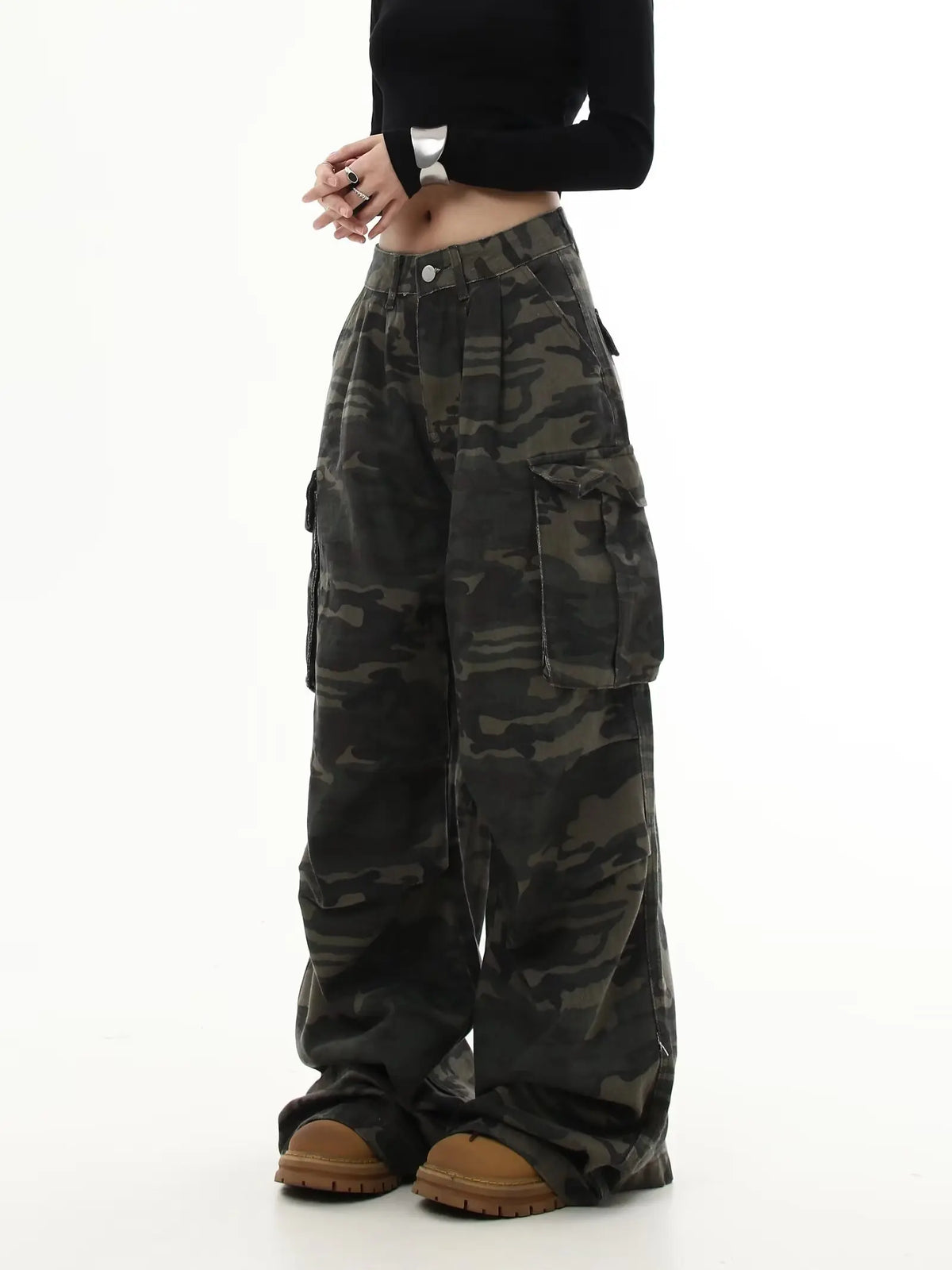 Pantaloni Cargo mimetici donna Y2K Streetwear Jeans a vita bassa pantaloni a gamba larga retrò pantaloni dritti in Denim Harajuku