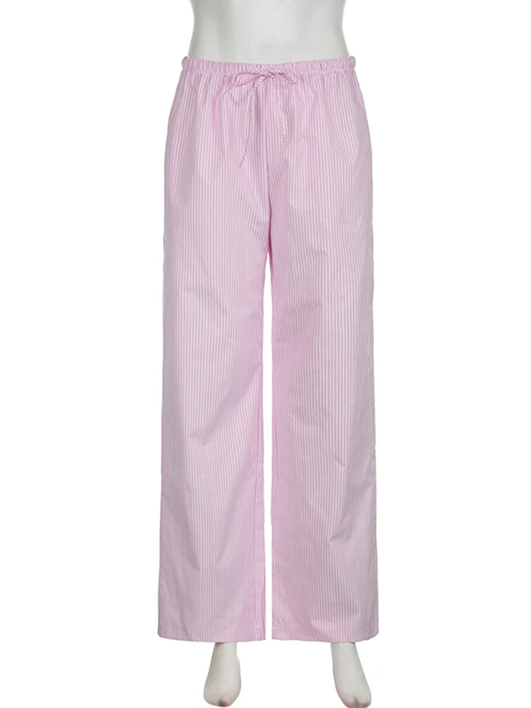 Pantaloni larghi con stampa a righe streetwear Pantaloni da jogging con lacci Moda Y2K Pantaloni larghi Estetici di base anni '90 Pantaloni carini