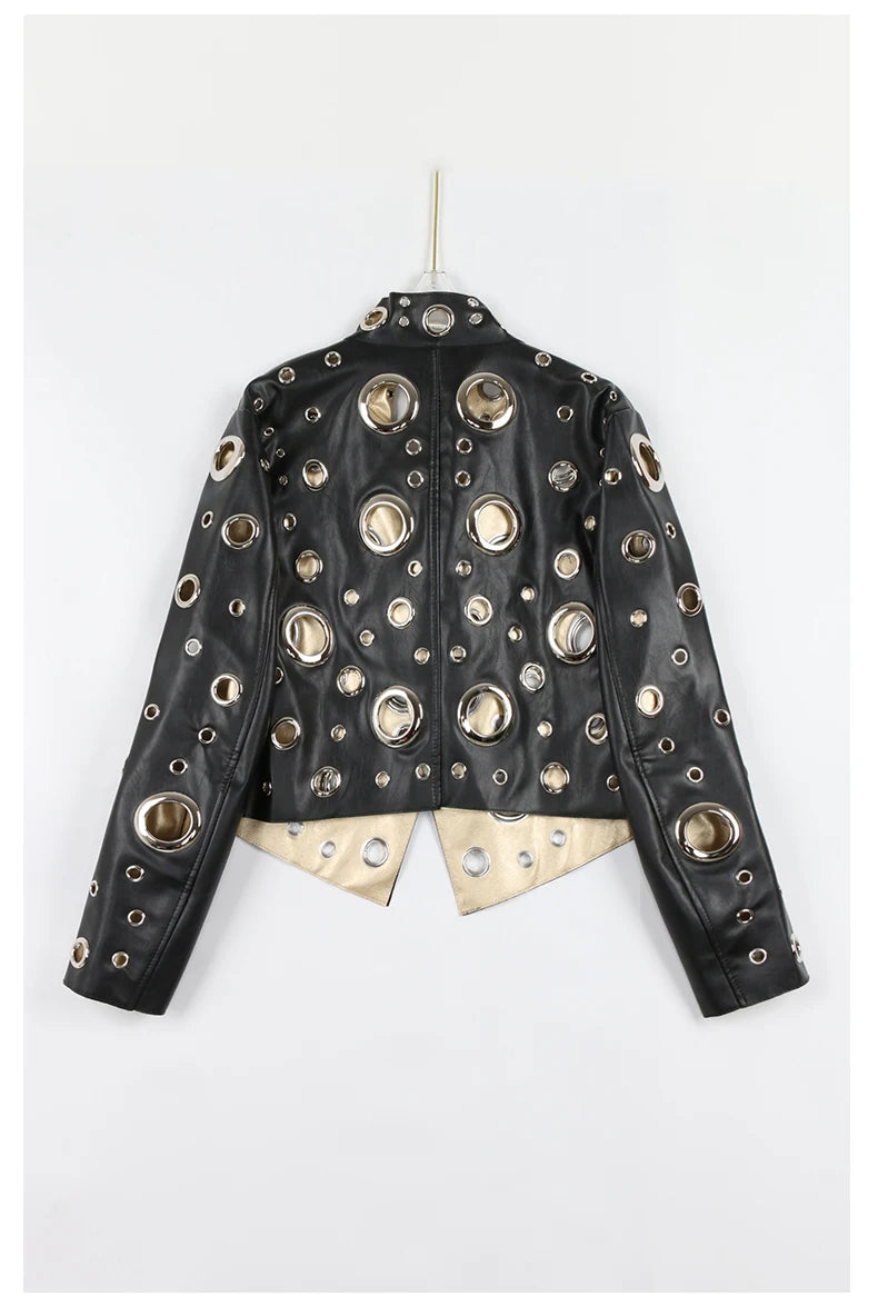 Nerazzurri primavera autunno corto scava fuori giacca in pelle Pu donna rivetto fresco elegante Designer di lusso vestiti pista moda 2024