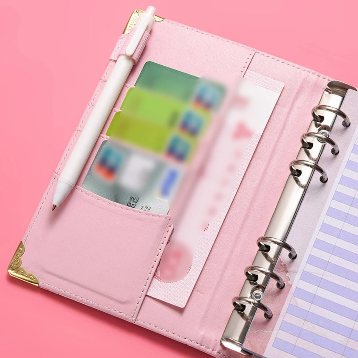 1spc budget card 12 sheets+zipper bag 8 sheets+2 sheets English stickers A6 leather retro marble pattern copper corner accountin