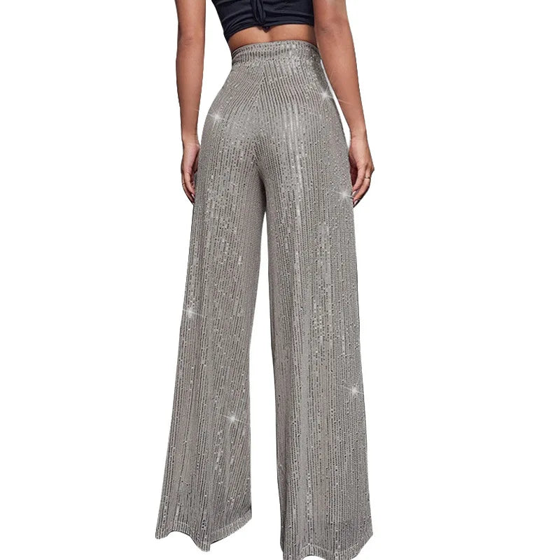 Pantaloni da donna, abbigliamento femminile, vestiti alla moda, pantaloni casual con paillettes, pantaloni eleganti, ampi e fluidi, a gamba larga, hwy5623