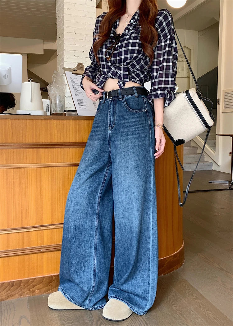 Jeans a Vita Alta Stile Americano, Gamba Larga, per Donna, Autunno Inverno, Vestibilità Comoda, Pantaloni Lunghi, Taglio Dritto, Casual, Denim Blu, Effetto Snellente