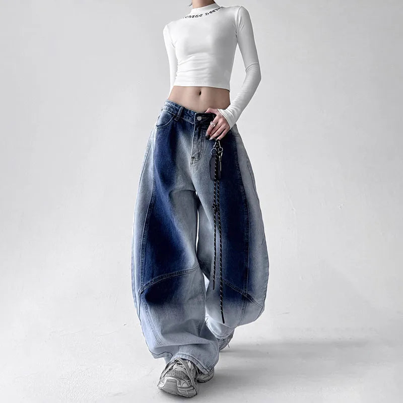 Jeans coreani retrò sfumati per donna Pantaloni a gamba dritta Pantaloni casual a gamba larga Jeans blu Pantaloni Y2k larghi senza pendente