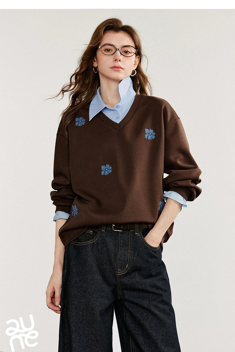 TOYOUTH Felpa da donna 2025 Autunno Nuovo Denim Fiore Ricamo Falso in due pezzi Splicing Colletto rovesciato Pullover casual in cotone