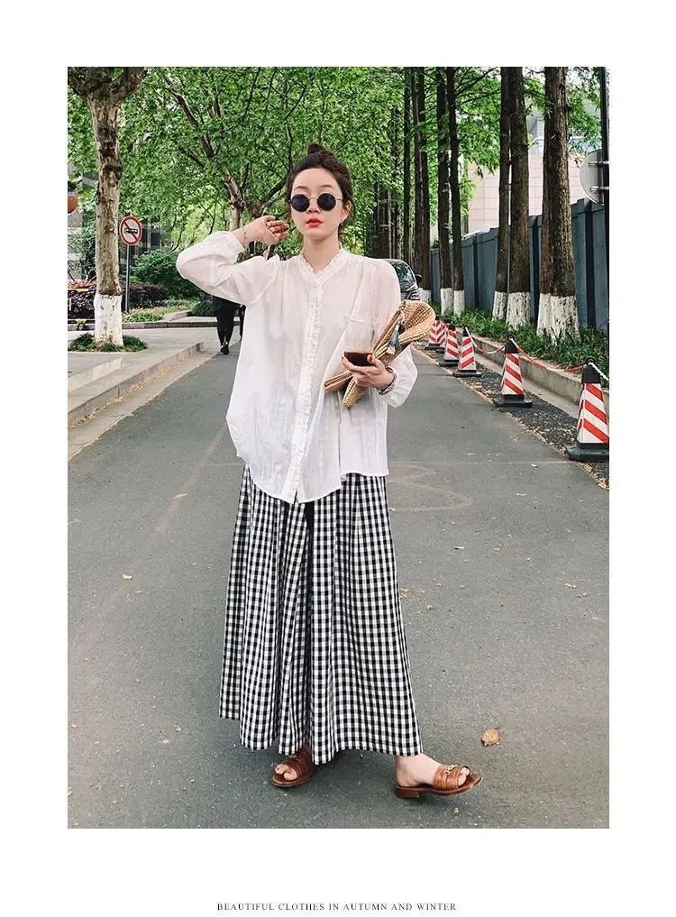 Pantaloni scozzesi a gamba larga da donna Pantaloni larghi stile coreano con pannelli Pantaloni streetwear Pantalones Abbigliamento estivo A-line Adolescenti College