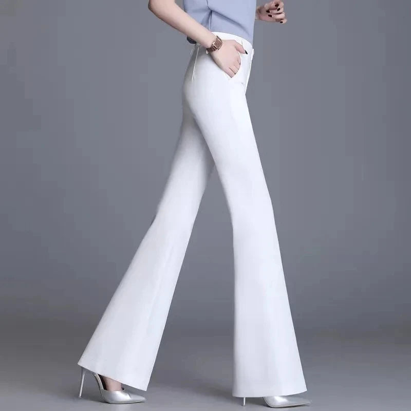 Pantaloni classici a zampa d'elefante bianchi sottili per le donne 2025 Pantaloni estivi a vita alta con fondo a campana sottile Pantaloni da donna da ufficio neri 5XL
