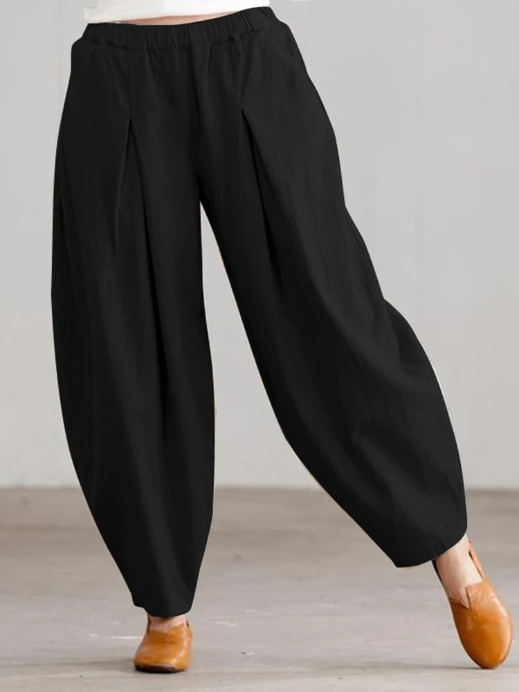 ZANZEA Estate Elastico In Vita Solido Pantaloni Donna Casual Pantaloni Larghi Elegante Allentato Gamba Larga Pantalon Vintage Cotone Rapa 2024